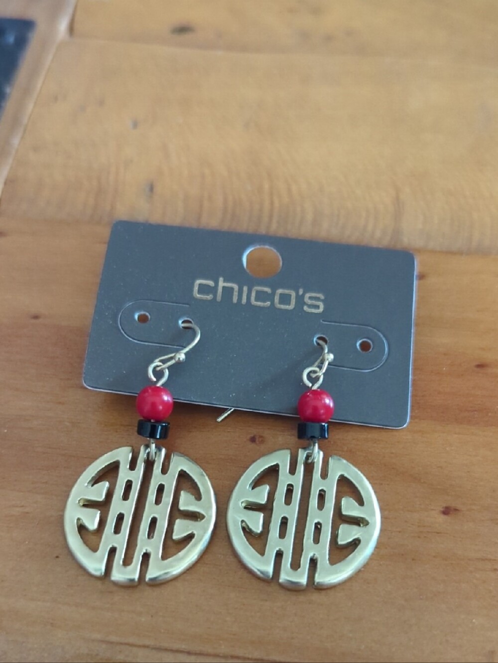 Chico's Gold Tone Earrings with Red and Black Beads